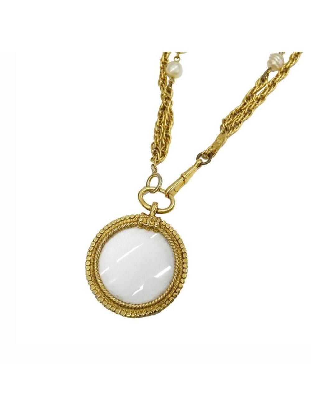 Chanel Necklace Faux Pearl Gold Pendant Loupe Double Chain Long Vintage